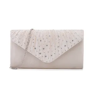 Detailed view of the elegant beige pleated evening clutch bag with sparkling rhinestones and chain.