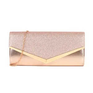 Glitter envelope evening clutch bag with metal V-shape accent and chic chain strap.