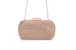 Rose gold woven clutch bag with chain strap for women evening party wedding handbag.