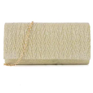 Gold glitter evening clutch bag with pleated texture and stylish chain strap for women party.