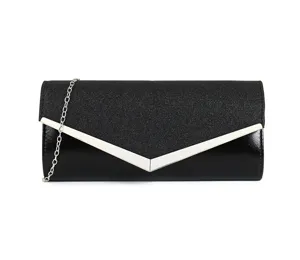 Black glitter evening clutch bag with silver V metal trim and chain strap for women party.