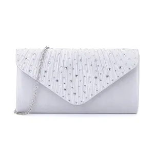 Elegant silver evening clutch bag with pleats and rhinestones, perfect for weddings and parties.