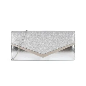 Silver glitter envelope evening clutch bag with metal V-trim and chain strap for women.
