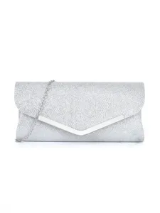 Silberne Glitzer Abendtasche Clutch mit V-foermigem Metallverschluss und Kette für Damen Party.