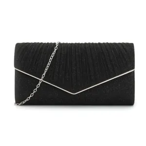 Elegant black glitter evening clutch bag with silver chain strap, perfect for parties.