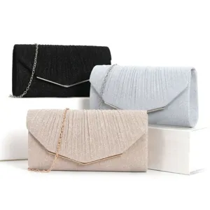 Women Evening Bag Glitter Pleated Clutch Handbag Fashion Elegant Party Crossbody Bag Polyester Ladies Wedding Purse