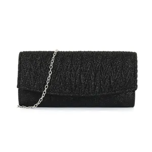 Women's glitter pleated evening clutch bag with silver chain strap for party use.