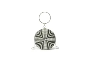 Black white spiral woven round evening bag detail with metallic ring handle and chain strap
