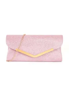 Elegante rosa Glitzer Abendtasche fur Damen mit Goldkette und V-formigem Metallverschluss.