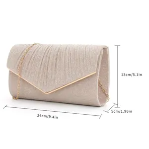 Glitter evening clutch bag for women, elegant V-shaped pleated design with gold chain strap.