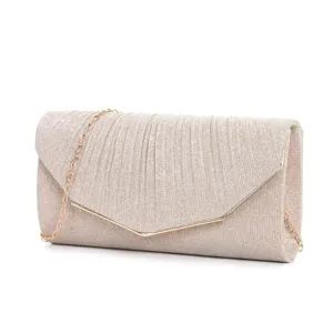 Elegant women's glitter evening clutch bag with chain strap and pleated flap design.