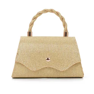 Glitter evening handbag with twisted handle and snap closure for party and wedding events.