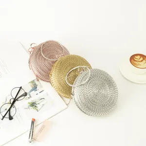 Fashion Minimalist Women Round Handwoven PU Leather Clutch Crossbody Single Shoulder Chain Bag For Evening Party