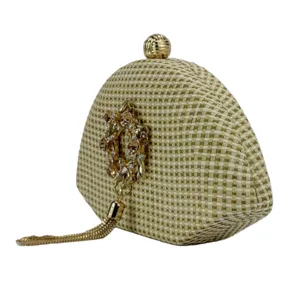 Woven straw clutch semi-circular hard case evening bag with crystal flower and gold tassel.