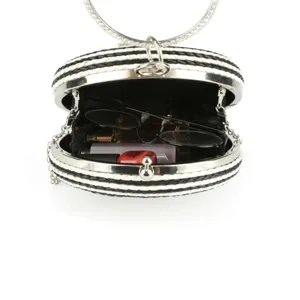 Black and white woven round clutch bag with rhinestone metal ring handle for women evening dress.