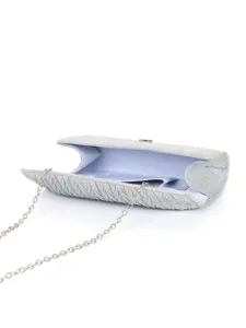 Elegant silver glitter evening clutch bag with pleats and chain strap for women parties.