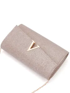 Elegant glitter evening clutch bag for women with gold chain and metal V logo design.