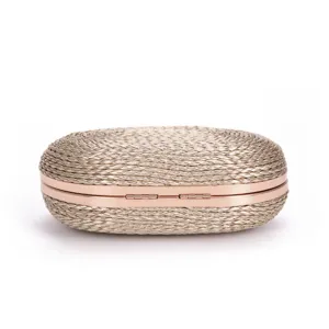 Elegant woven evening clutch bag for women, stylish metallic frame oval handbag for party.