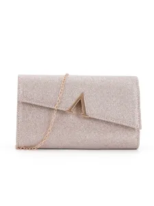 Elegant glitter evening clutch bag for women with chain strap and metallic A logo design.