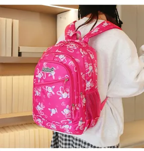 Pink cute rabbit printed student school backpack with large capacity and multiple pockets.