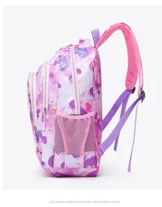 Sac à dos d'école rose violet avec motif de cœur, cartable avec poches en filet.