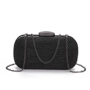Black woven clutch bag for women, elegant evening party shoulder crossbody handbag with chain.