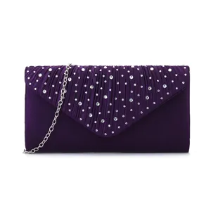 Purple pleated rhinestone evening clutch bag, elegant satin women handbag for wedding party.