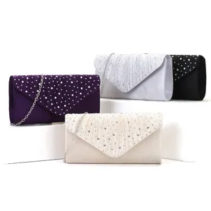 Women's Evening Clutch Bag Pleated Satin Envelope Handbag Rhinestone Chain Crossbody Bag Party Wedding Purse