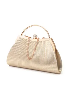 Gold pleated evening clutch bag with metal round handle and rhinestone clasp for women.
