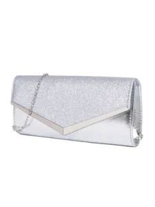 Silver glitter evening clutch bag for women with V-shaped metal trim and chain strap party