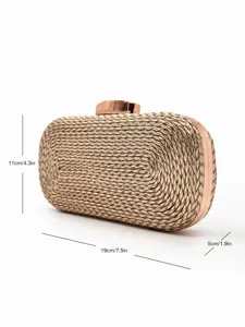 Woven clutch bag detail view, premium PU material with rose gold metallic frame and clasp.