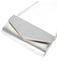 Silver glitter evening clutch bag with metallic V-shaped chain shoulder party crossbody bag