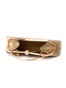Elegant gold rhinestone evening clutch bag with metal frame and pleated design for weddings.