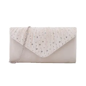 Elegant pleated rhinestone evening clutch bag with chain strap for women weddings.