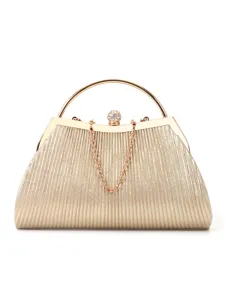Elegant gold pleated evening clutch bag with metal round handle and rhinestone clasp for women.