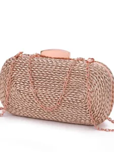 Rose gold woven clutch bag for women, elegant evening party crossbody purse with metal chain.