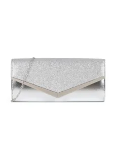 Silver glitter evening clutch bag for women with V-shaped metal trim and chain strap.