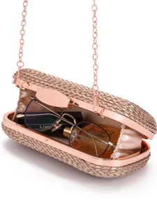 Woven clutch evening bag with rose gold chain strap, elegant party handbag for women.