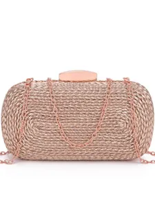 Rose gold metallic woven clutch bag for women, elegant party wedding shoulder handbag.