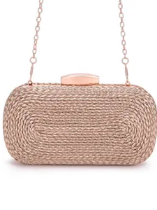 Elegant rose gold woven clutch bag with chain strap, perfect for evening parties and weddings.