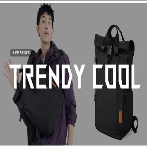 Detail shot of men's waterproof canvas casual roll-top backpack with large capacity and stylish design.