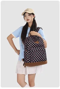 Sac à dos élégant à pois noirs et roses pour femmes, grand sac d'école décontracté.