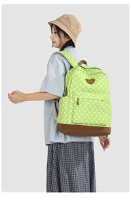 Sac à dos vert stylé à pois avec fond marron, cartable décontracté spacieux pour le voyage.