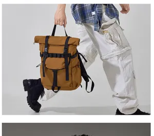 Roll-top backpack for men and women, casual outdoor travel school laptop daypack, brown.