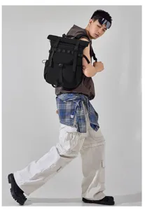 Black roll-top backpack for men and women, outdoor sports casual wear-resistant travel bag.