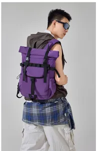 Unisex roll-top backpack for outdoor travel, casual large-capacity wear-resistant daypack.
