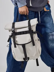 Water-resistant roll-top backpack for men and women, large capacity travel computer bag.