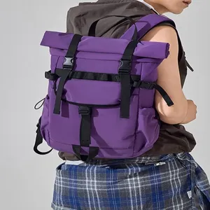 Unisex roll top backpack large capacity casual travel daypack outdoor school computer bag purple