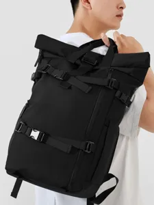 Μαύρο σακίδιο πλάτης rolltop ανδρικό μεγάλης χωρητικότητας ταξιδιού αδιάβροχο για φορητό υπολογιστή
