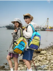 Outdoor travel color-block backpack detail showing stylish design and spacious compartments.